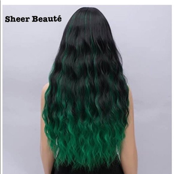 Green And Black Curly Wigs With Bangs - Picture 3 of 6